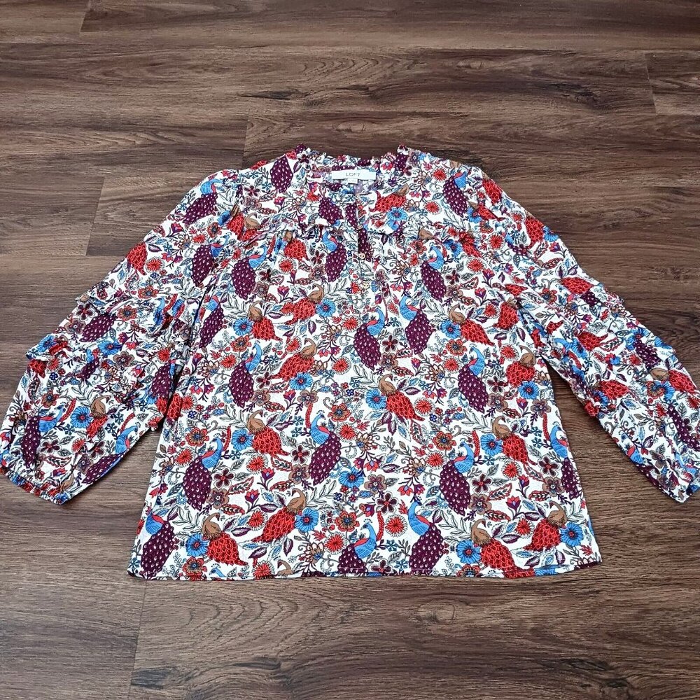 Ann Taylor Loft Sz Medium Rayon Peacock Peasant Ruffle Button Blouse 3/4 Sleeves